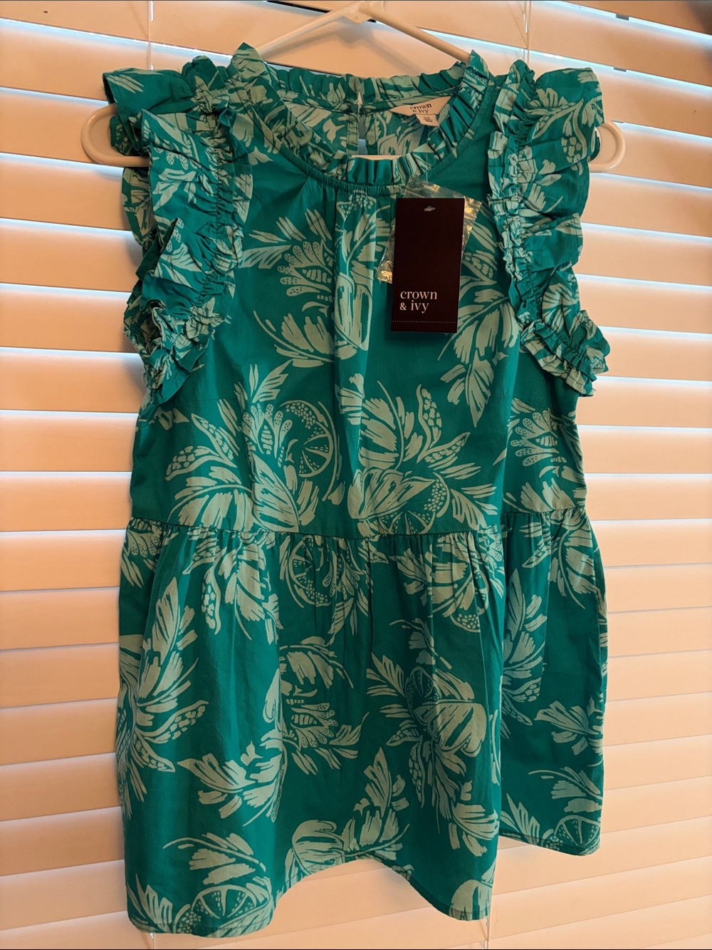 crown & ivy teal floral ruffle sleeve blouse